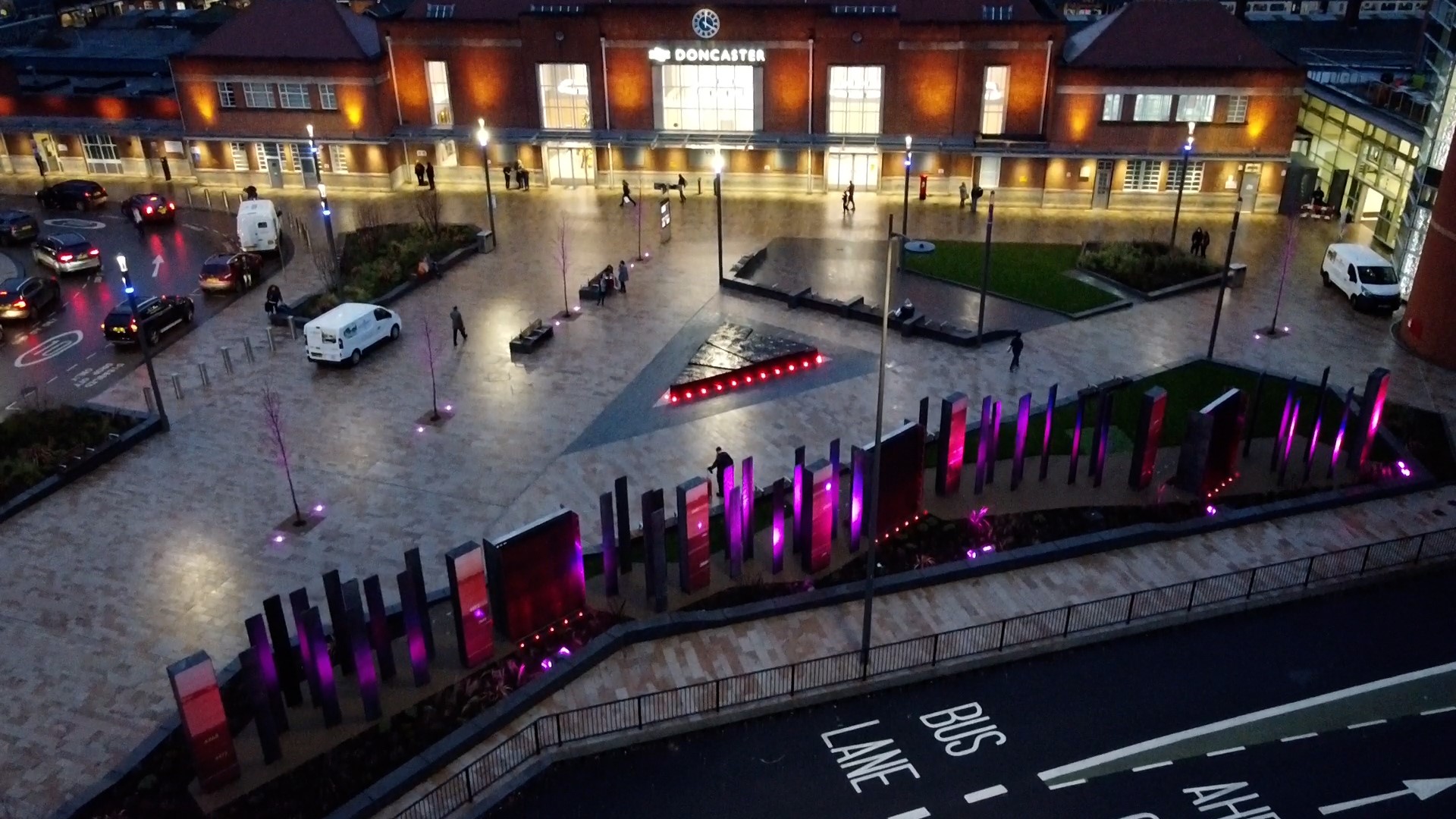 Doncaster railway station forecourt scheme lit up